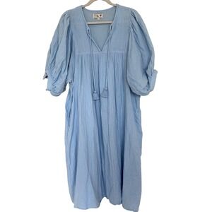 Mille Resort & Travel Gauzy Cotton Puff Sleeve Midi Dress Large Light Blue NEW!